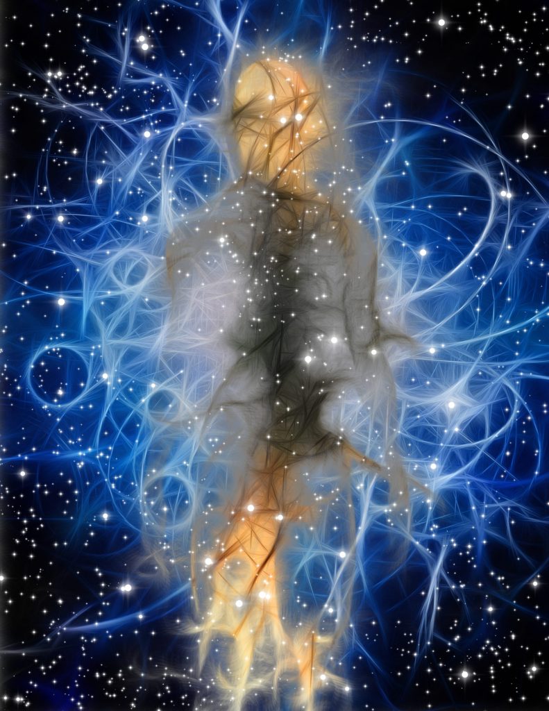 Abstraktus žmogaus figūros vaizdas, susijungęs su kosmoso energija, šviesos tinklais ir žvaigždėmis, perteikia Human Design sistemos dvasinę ir energetinę esmę. Ryškūs energijos srautai simbolizuoja kūno centrų jungtis ir asmenybės harmoniją su visata.