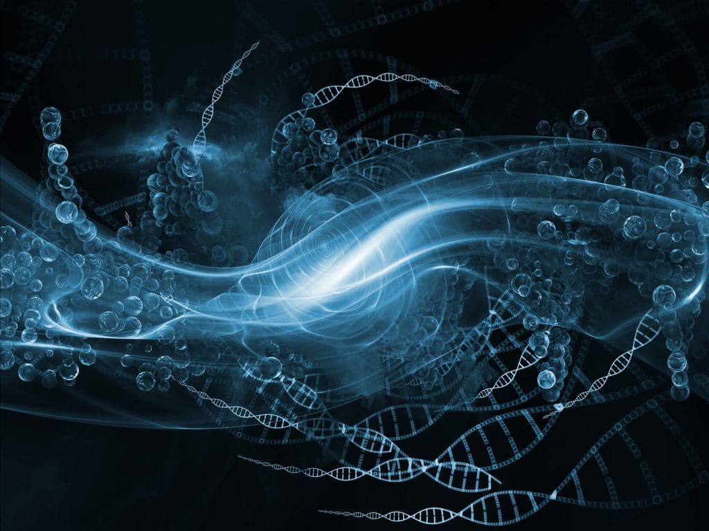 Mėlynos šviesos ir DNR spiralės abstraktus derinys, simbolizuojantis energijos judėjimą ir genetikos ryšį su sąmoningumu. Šis vaizdas atskleidžia Human Design sistemos esmę – asmeninės energijos ir genetikos unikalumą, pagrįstą centrais ir kanalais.