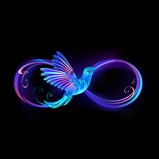 Gražus kolibris su ryškiais mėlynais ir violetiniais atspalviais, sklendžiantis begalybės simbolyje. Šis vaizdas perteikia Human Design filosofiją apie asmenybės unikalumą ir energijos centrų sąveiką.