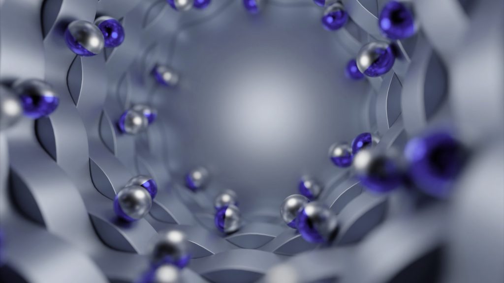 Futuristinis, abstraktus sidabrinių ir violetinių sferų tinklas, sukuriantis dinamišką energijos srautą. Šis vaizdas puikiai atspindi Human Design sistemą, kurioje viskas susiję su energijos kanalais, centrais ir jų sąveika.