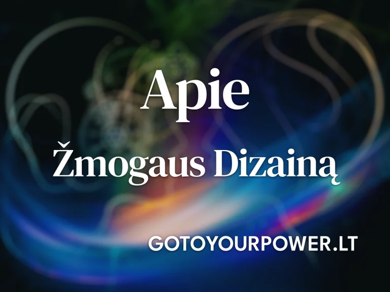 Žmogaus Dizaino pristatymo vaizdas su subtiliais mėlynos, violetinės ir oranžinės spalvų šviesos efektais. Fone matomi abstraktūs žmogaus figūros kontūrai, simbolizuojantys savęs pažinimą ir energijos harmoniją. Human Design sistema, aptariama GoToYourPower.lt, padeda atskleisti prigimtinį potencialą ir formuoti gyvenimo kelią.
