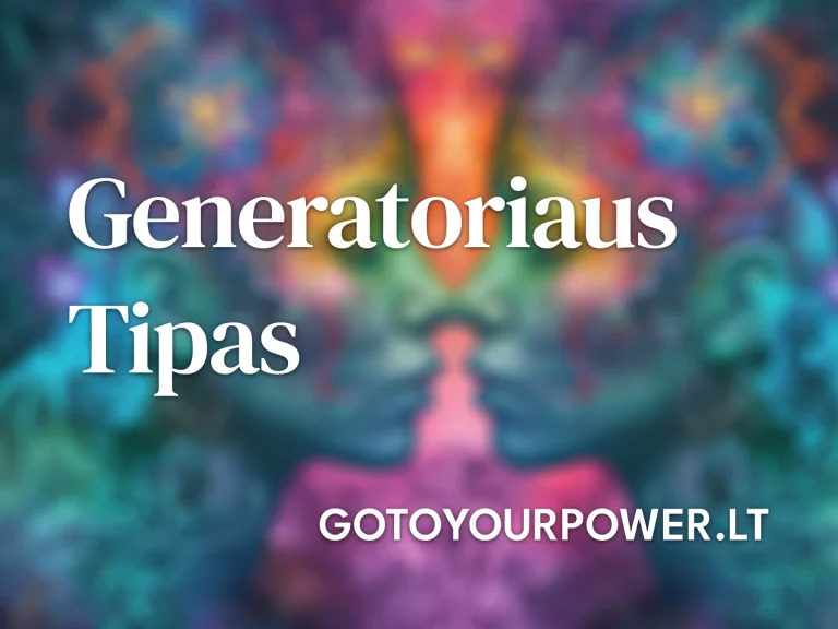 Vaizdas su užrašu „Generatoriaus Tipas“, fone matomi ryškūs, energiją spinduliuojantys spalvų raštai, simbolizuojantys energijos šaltinį ir kūrybinį potencialą. Šis dizainas perteikia Generatoriaus tipo esmę Human Design sistemoje – gebėjimą išlaikyti energijos srautą, motyvaciją ir stabilumą gyvenimo kelyje. Sužinokite daugiau apie Generatoriaus tipą GoToYourPower.lt.
