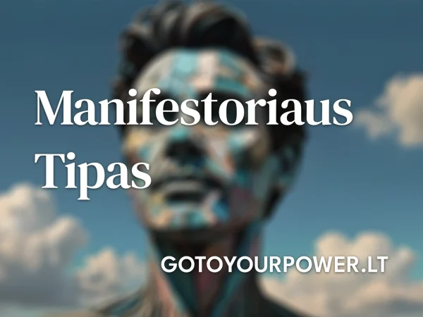 Vaizdas su užrašu „Manifestoriaus Tipas“, fone pavaizduota žmogaus figūra su dinamiškais spalvotais raštais ir mėlynu dangumi. Šis dizainas perteikia Manifestoriaus tipo esmę Human Design sistemoje – gebėjimą inicijuoti pokyčius, nepriklausomybę ir stiprią vidinę energiją. Sužinokite daugiau apie Manifestoriaus tipą GoToYourPower.lt.