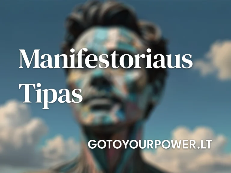Vaizdas su užrašu „Manifestoriaus Tipas“, fone pavaizduota žmogaus figūra su dinamiškais spalvotais raštais ir mėlynu dangumi. Šis dizainas perteikia Manifestoriaus tipo esmę Human Design sistemoje – gebėjimą inicijuoti pokyčius, nepriklausomybę ir stiprią vidinę energiją. Sužinokite daugiau apie Manifestoriaus tipą GoToYourPower.lt.