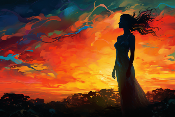 Siluetas moters, stovinčios priešais įspūdingą saulėlydžio foną. Ryškios oranžinės ir raudonos spalvos dangus susilieja su tamsiais mėlynais atspalviais, perteikdamas ramybės ir energijos harmoniją. Vėjo plaikstoma suknelė sustiprina judesio ir laisvės pojūtį.