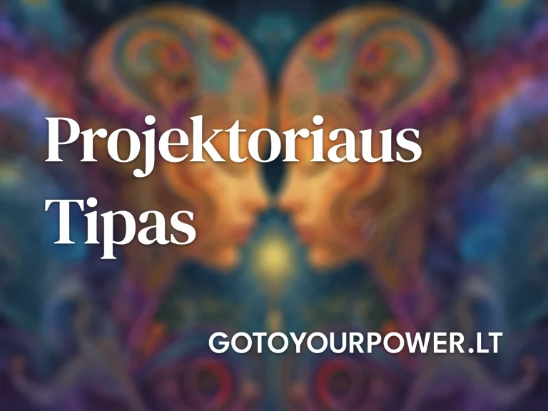 Vaizdas su užrašu „Projektoriaus Tipas“, fone matomos dvi meninės figūros, susiduriančios viena su kita, apsuptos ryškių, abstrakčių spalvų ir ornamentų. Šis dizainas perteikia Projektoriaus tipo esmę Human Design sistemoje – gebėjimą vadovauti, pastebėti detales ir palaikyti energijos srautų pusiausvyrą. Sužinokite daugiau apie Projektoriaus tipą GoToYourPower.lt.