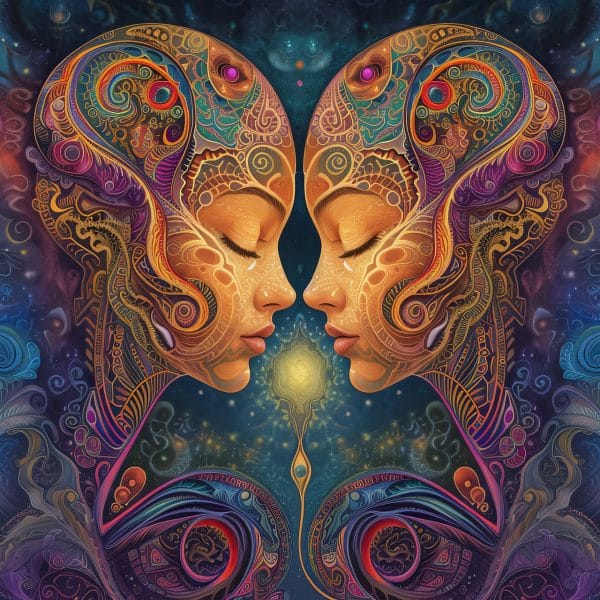 Dvi priešais viena kitą stovinčios moters figūros, papuoštos detalizuotais ornamentiniais raštais ir simboliais, atspindinčios visatos harmoniją ir dvasingumą. Ryškios spalvos ir kosminis fonas perteikia gilaus ryšio tarp žmogaus ir kosmoso energiją.