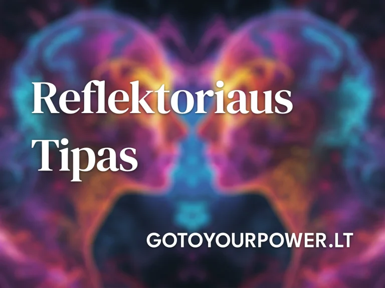 Vaizdas su užrašu „Reflektoriaus Tipas“, fone matomos dvi spalvingos figūros, simbolizuojančios introspekciją ir ryšį su aplinka. Šis dizainas perteikia Reflektoriaus tipo esmę Human Design sistemoje, pabrėžiant asmenybės lankstumą, gebėjimą prisitaikyti ir atspindėti aplinkos energiją. Daugiau apie Reflektoriaus tipą sužinokite GoToYourPower.lt.
