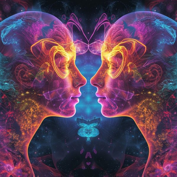 Dviejų žmogaus profilių vaizdas, sudarytas iš spalvotų energijos srautų ir kosminio fonų. Ryškūs mėlynos, violetinės ir oranžinės spalvų akcentai sukuria harmoniją, pabrėžiant sąmonės jungtį ir kosminį ryšį. Vizualus metafizinis ryšys tarp dviejų esybių, perteikiantis dvasinę energiją.